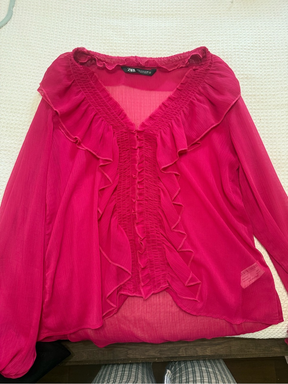 Zara Fuchsia Ruffle V-Neck Long Sleeve Blouse